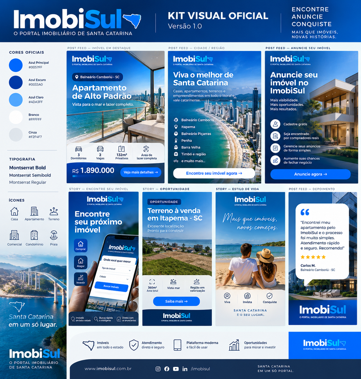 Kit visual ImobiSul com imóveis e litoral de Santa Catarina